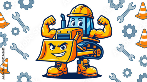 Cartoon construction worker character flexing muscles.