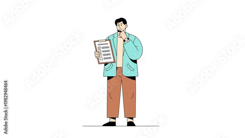 Man holding checklist, thinking about tasks, business planning, decision making, strategy
