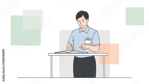 Man in blue shirt with ID badge, standing at a desk, writing in a book