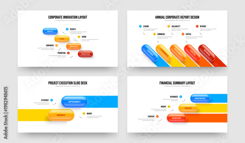 Visual Portfolio 4 5 2 3 Option Infographic Slideshow Template Collection. Financial Solution Four Five Two Three Element Diagram Slide Design Vector Illustration Set.