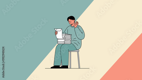 Man overwhelmed by stack of papers, sitting on stool, looking stressed