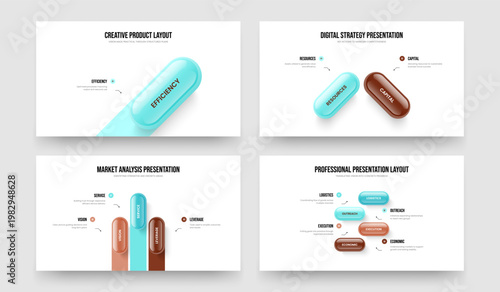 Professional Overview One Two Three Four Element Infographic Frame Design Vector Illustration Collection. Marketing Report 1 2 3 4 Step Diagram Slide Layout Set.