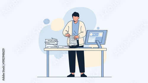 Man organizing documents at desk with computer, business workflow concept