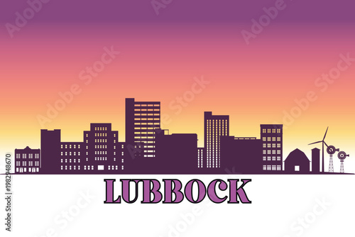Global city Lubbock, Texas shown in a detailed vector skyline with a twilight sky