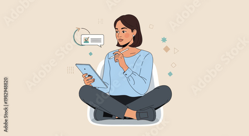 Woman using tablet and stylus, thinking about digital communication and ideas