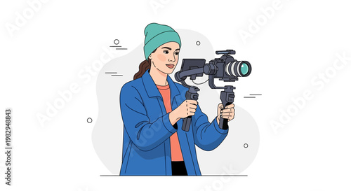 Woman videographer holding professional camera and gimbal stabilizer, creating content