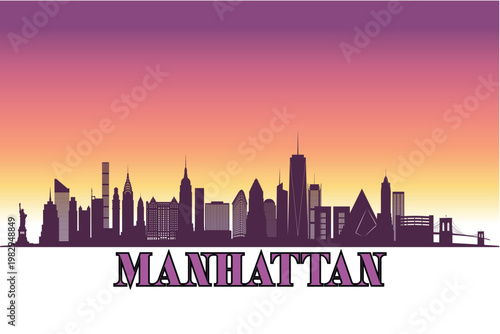 Manhattan, New York shown in a detailed vector skyline with a twilight sky
