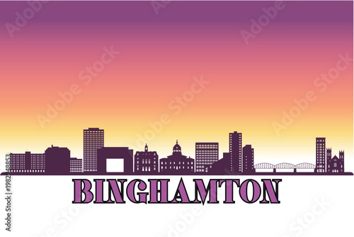 Binghamton, New York shown in a detailed vector skyline with a twilight sky