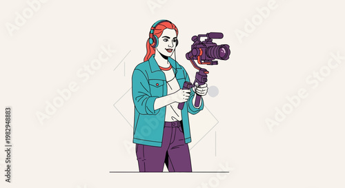 Woman videographer with camera and headphones filming on gimbal, flat illustration