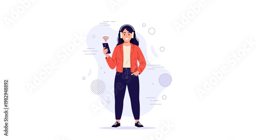 Woman with headphones and smartphone listening to music, enjoying wireless connection