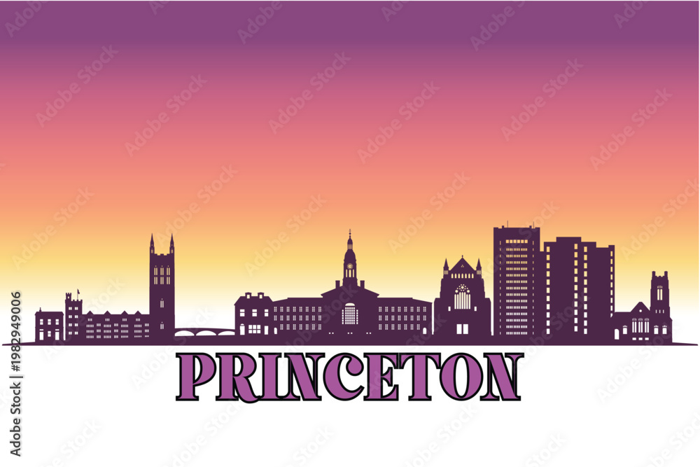 Obraz premium Global city Princeton, New Jersey shown in a detailed vector skyline with a twilight sky