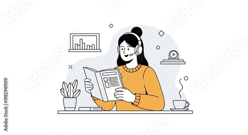 Woman with headset reading book, online learning, remote work, customer support, study at home