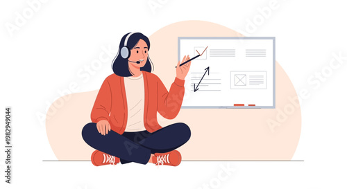 Woman with headset teaching online, sitting cross-legged by a whiteboard