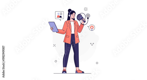 Woman with Megaphone and Tablet, Announcing News or Promoting Ideas