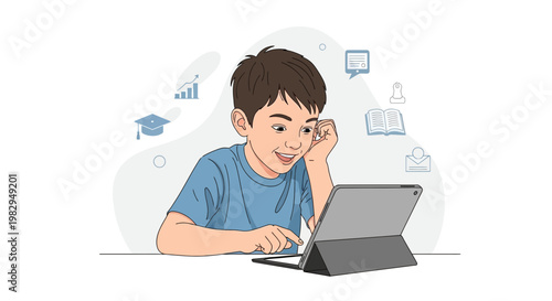 Young boy learning online with tablet, education icons, digital classroom concept