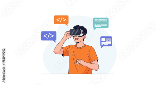 Young coder in VR headset explores virtual reality with code and website elements