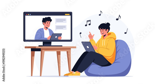 Young man enjoys online learning and music on laptop, sitting in beanbag chair