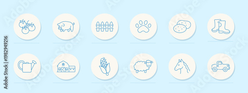 Farming agriculture set icon. Blue outline badges, tomatoes branch, pig, wooden fence, paw print, potatoes, rubber boots, watering can, barn house, corn cob, sheep, horse head, pickup truck