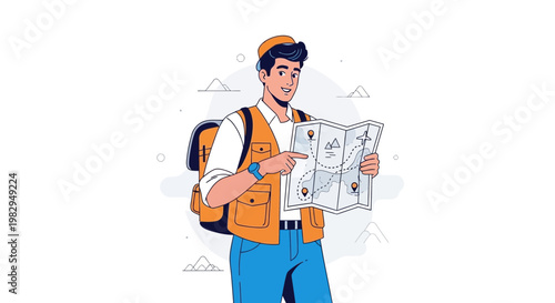 Young man explorer with backpack and map, planning adventure trip, isolated on white background