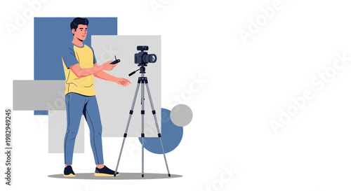 Young man filming with camera on tripod, modern abstract background, vlogging concept