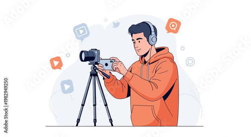 Young man filming with camera on tripod, wearing headphones, social media icons