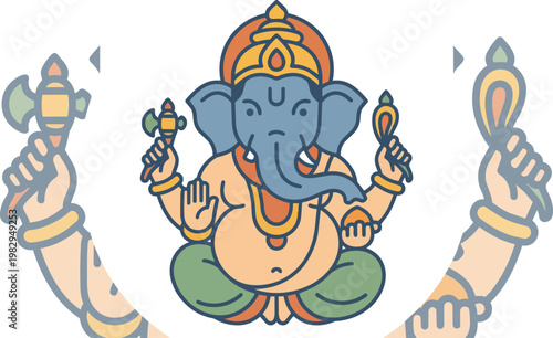 Ganesha Hindu God Cartoon Illustration.