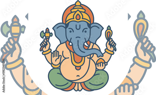 Colorful Ganesha Hindu God Illustration with Multiple Arms.
