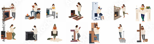 Vector illustration collection of women in cozy sweaters reading books in various indoor settings like fireplaces, bookshelves, and warm home environments.