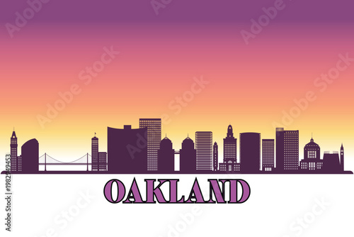 Global city Oakland, California shown in a detailed vector skyline with a twilight sky