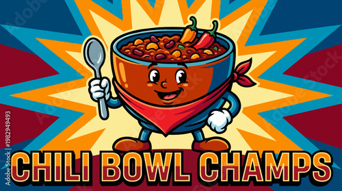 Chili Bowl Champ Cartoon Mascot With Spoon.