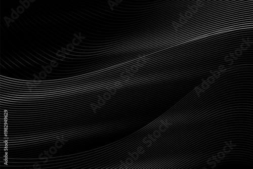 Elegant black abstract background featuring flowing silver wave lines