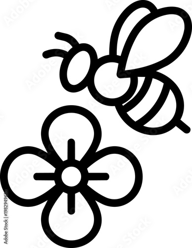 Bee Pollinating Flower Simple Black Outline.