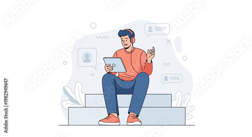 Young man with headphones using tablet, online communication, chat bubbles, modern illustration