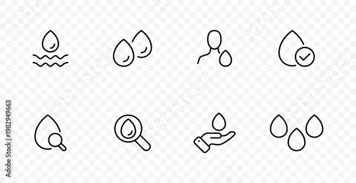 Water resource set icon. Clean drop, liquid levels, human usage, quality check, magnifier test, hand supply, hydration, consumption, purity