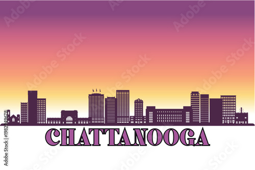 Global city Chattanooga, Tennessee shown in a detailed vector skyline with a twilight sky