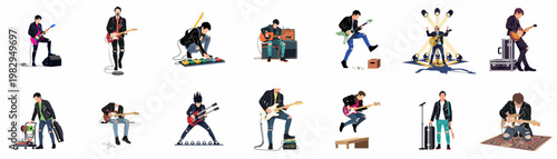 Set of flat vector illustrations featuring rock musicians in leather jackets playing electric guitars, singing, and handling stage equipment in various performance poses.