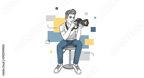Young Photographer Sitting with Camera, Creative Abstract Background, Lifestyle