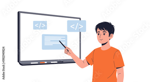 Young programmer presenting code on a digital whiteboard, coding education concept