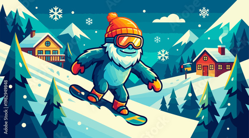 Santa Claus Snowboarding Down Winter Mountain Slope.