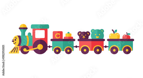 Cute Toy Train with Bear and Apple Cargo, Flat Design Illustration