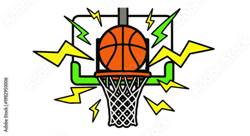 Energetic Basketball Hoop with Lightning Bolts, Action Sports Illustration