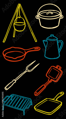 A vibrant collection of quick doodle camping cooking equipment illustrations, featuring outdoor gear and kitchen utensils in a playful, hand-drawn vector art style