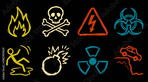 A quick doodle vector illustration presenting a series of hand-drawn hazard and warning signs for safety communication and danger alerts