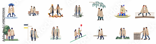 Collection of Romantic Couples in Trench Coats Engaging in Various Outdoor Activities and Dates, Flat Vector Illustration Style