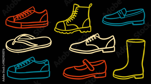 A vibrant collection of quick doodle illustrations depicting various footwear types, including sneakers, boots, and sandals, all in a hand-drawn outline vector graphic style