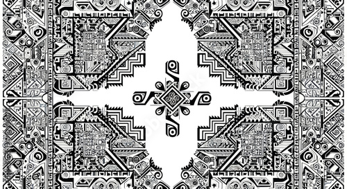 Intricate Black and White Geometric Pattern, Tribal Textile Design, Ethnic Ornament