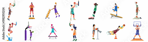 Flat Vector Illustration Collection of Diverse Basketball Players Practicing Various Skills, Training Drills, and Slam Dunks on a White Background.