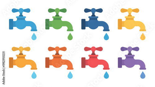 Colorful set of six cartoon faucets in various designs and colors