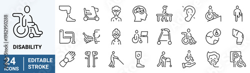 Disability web icons in line style. Wheelchair, disabled people, blind, disabled, assistance, deafness, collection. Vector illustration.