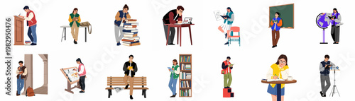 A set of diverse illustrations showing college students wearing varsity jackets while engaged in various academic activities like studying, writing, and researching.